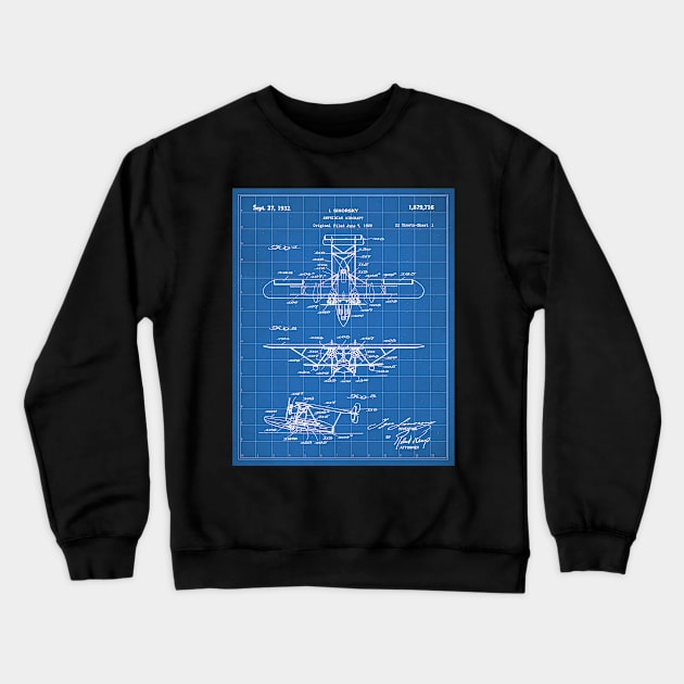 Seaplane Patent - Biplane Seaplane Art - Blueprint Crewneck Sweatshirt by patentpress